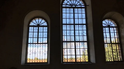 Arch Windows inside an old abandoned Church Stock Footage 116468353