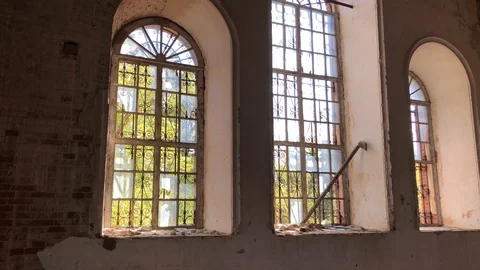 Arch Windows inside an old abandoned Church Stock Footage 116468693