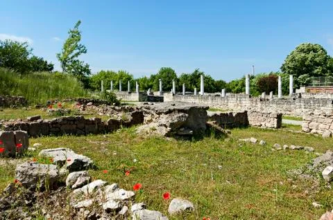 Archaeological Complex Abritus with inner walls and columns in authentic look Stock Photos