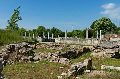 Archaeological Complex Abritus with inner walls and columns in authentic look Stock Photos