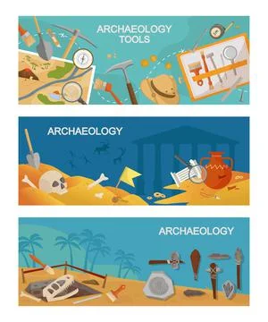 Archaeological excavations and tools horizontal banner. Paleontological research Stock Illustration