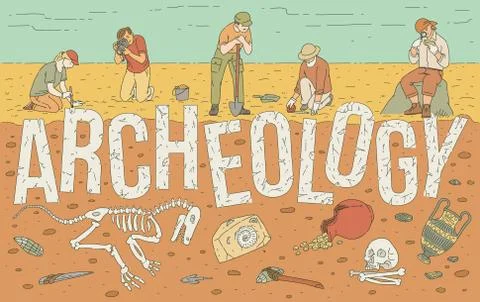 Archaeological exploration of historical artifacts vector illustration. Illustrazione stock