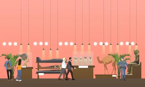 Archaeological museum interior vector banner. Visitors watching exhibition Stock Illustration