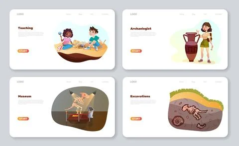 Archaeologist characters exploring artifacts and ancient fossil landing page Illustrazione stock