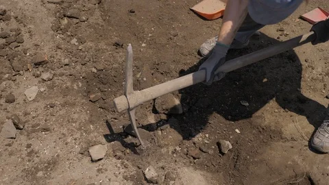 Archaeologist digs the soil with the pick. Archaeological site Video stock 113446589