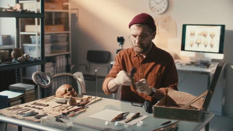 Archaeologist Documenting Artifacts with Camera at Workplace in Lab Stock Footage 296516741