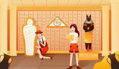 Archaeologist explore egyptian pyramid underground, pharaoh mummy, treausure Stock Illustration