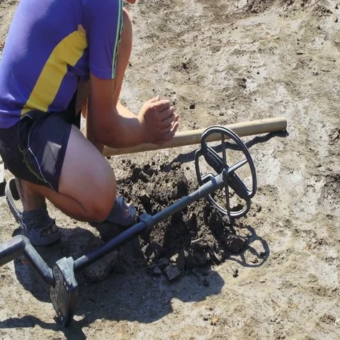 Archaeologist explore excavations using metal detector and found an ancient coin 動画素材 69425974