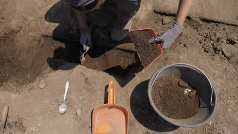 Archaeologist hands digging and collecting land.excavations,archaeological dig Stock Footage 115547235