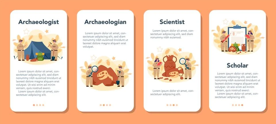 Archaeologist mobile application banner set. Ancient history scientist Illustration