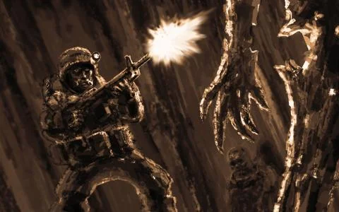 Archaeologist soldier attacks the alien inside spaceship Stock Illustration