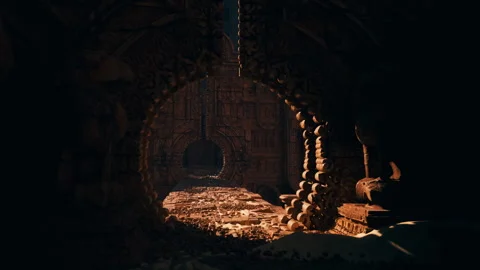 Archaeologist studies detailed carvings inside ancient stone structure Stock Footage 330122227