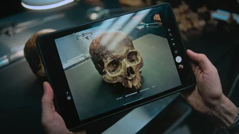 Archaeologist takes picture of ancient extinct human skull on tablet computer Stock Footage 283481167