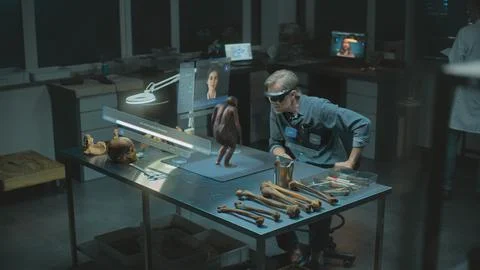 Archaeologist in VR headset studies human evolution in virtual AI simulator Stock Photos