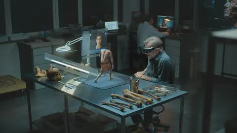 Archaeologist in VR headset studies human evolution in virtual AI simulator Stock Photos