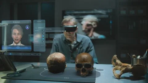 Archaeologist in VR headset using virtual display with AI assistant and web Stock Photos