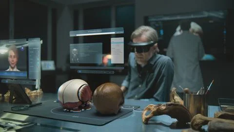 Archaeologist in VR headset using virtual display with AI assistant and web Stock Photos