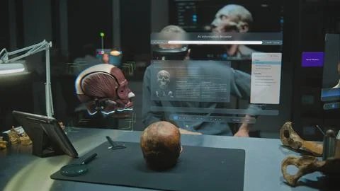 Archaeologist in VR headset using virtual display with AI assistant and web Stock Photos
