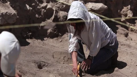 Archaeologists working, hand and tool Видео 76950181