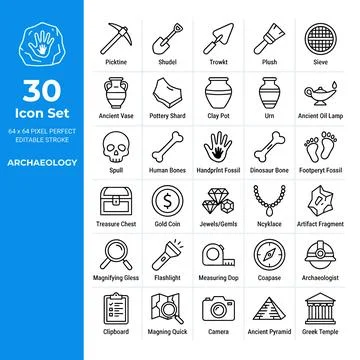 Archaeology Icon Set with 30 Pixel Perfect Editable Stroke Icons for Diggin.. Stock Illustration