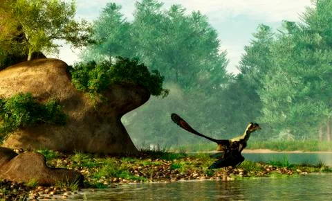 Archaeopteryx on the shore of a river. Stock Illustration