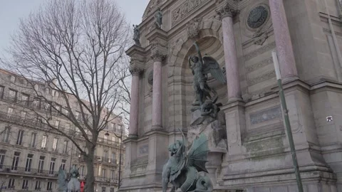 Archangel Michael and the devil Fontaine Saint-Michel fountain Paris, France Stock Footage 243403381