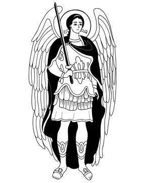 Archangel Michael in armor with sword. Vector decorative illustration. Outline Ilustración de archivo