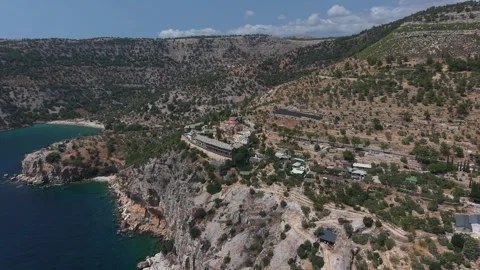 Archangelos Monastery above the cliffs of Thassos, aerial orbit Stock-Footage 347176019