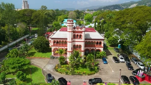 Archbishops House Aerial Pull In Red White Facade Port of Spain Trinidad Stock Footage 341917280