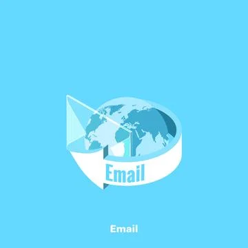 Arched arrow on the globe and a translucent envelope, isometric image 스톡 일러스트
