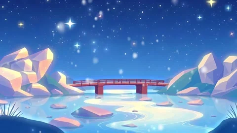 Arched Bridge Starry Sky: River Crossing at Night Stock Footage 317966858