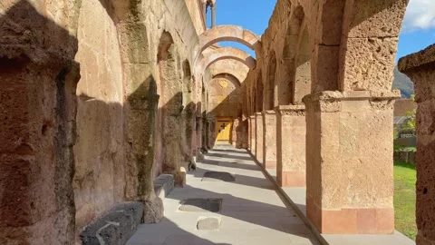 Arched columns and old brick wall of Odzun Church. Armenian basilica constr.. Stock-Footage 293020132