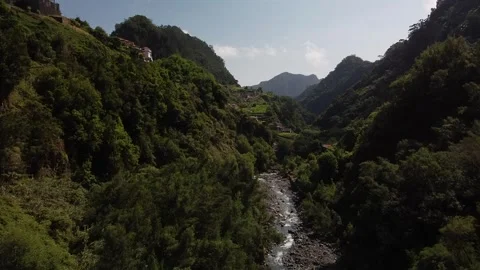 Arched Elegance: Aerial Perspective of Madeira Stone Bridge and River Stock Footage 254422729