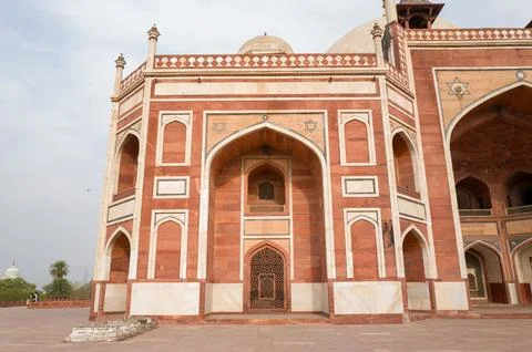Arched facade and geometric patterns at Humayuns Tomb in Delhi, India. Stock Photos