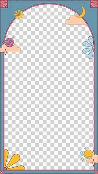 Arched frame is showing pastel clouds, celestial motifs and peace tiles on Stockillustratie