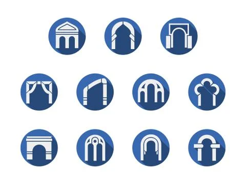 Arched gateways round blue vector icons set Stock Illustration