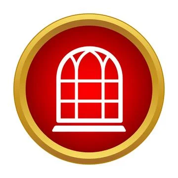 Arched gothic window icon inside red gold circle Stock Illustration