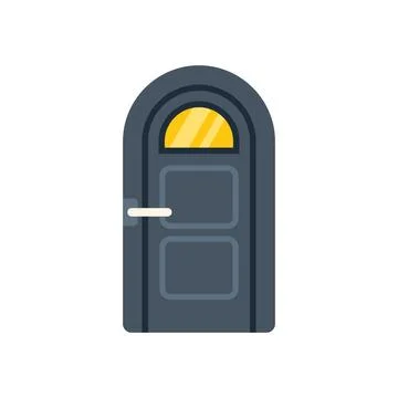 Arched gray door with yellow window and handle featuring two rectangular pane Illustration