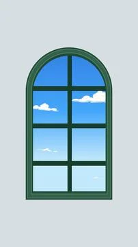 Arched Green Window Frame with Blue Sky and White Clouds Stock Illustration