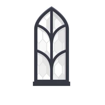Arched medieval gothic window with stone arch and geometric glass design Stock Illustration
