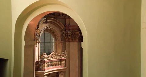 Arched opening looking down to balcony, St. Nicholas Church, Prague - 4K Stock Footage 287133847