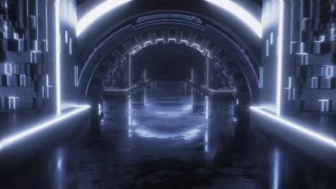 Arched sci-fi hallway with neon floor lines, 4K illustration Stock Illustration