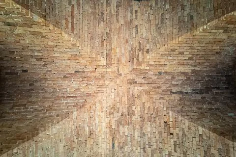 Arched vaulted ceiling in old structural red brick. Textured background. Arch Stock Photos