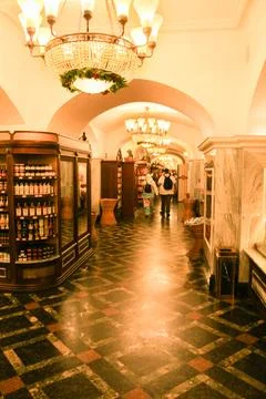 Arched vaults of the gallery of stores on the first floor. Stock Photos