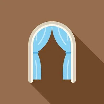 Arched window with blue curtains and long shadow on brown wall Stock Illustration