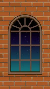 Arched Window in Brick Wall Looking Out at Starry Night Sky Stock Illustration
