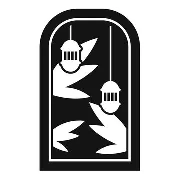 Arched window with hanging lanterns and tropical leaves, a serene black and.. Stock Illustration