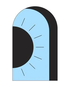 Arched window with peeping out black sun on blue sky line color vector concept Stock Illustration