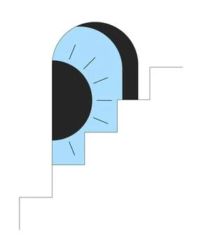 Arched window with peeping sun behind staircase flat line color vector concept Stock Illustration