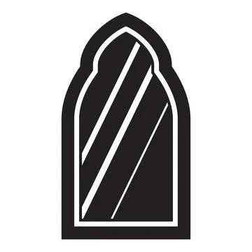 Arched window reflecting light beams, simple black and white icon Stock Illustration